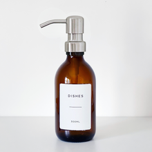 Load image into Gallery viewer, Amber Dispenser Bottle With White Personalised Label And Silver Metal Pump
