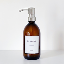 Load image into Gallery viewer, Amber Dispenser Bottle With White Personalised Label And Silver Metal Pump
