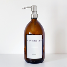 Load image into Gallery viewer, Amber Dispenser Bottle With White Personalised Label And Silver Metal Pump
