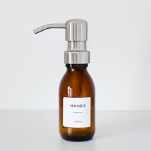 Load image into Gallery viewer, Amber Dispenser Bottle With White Personalised Label And Silver Metal Pump
