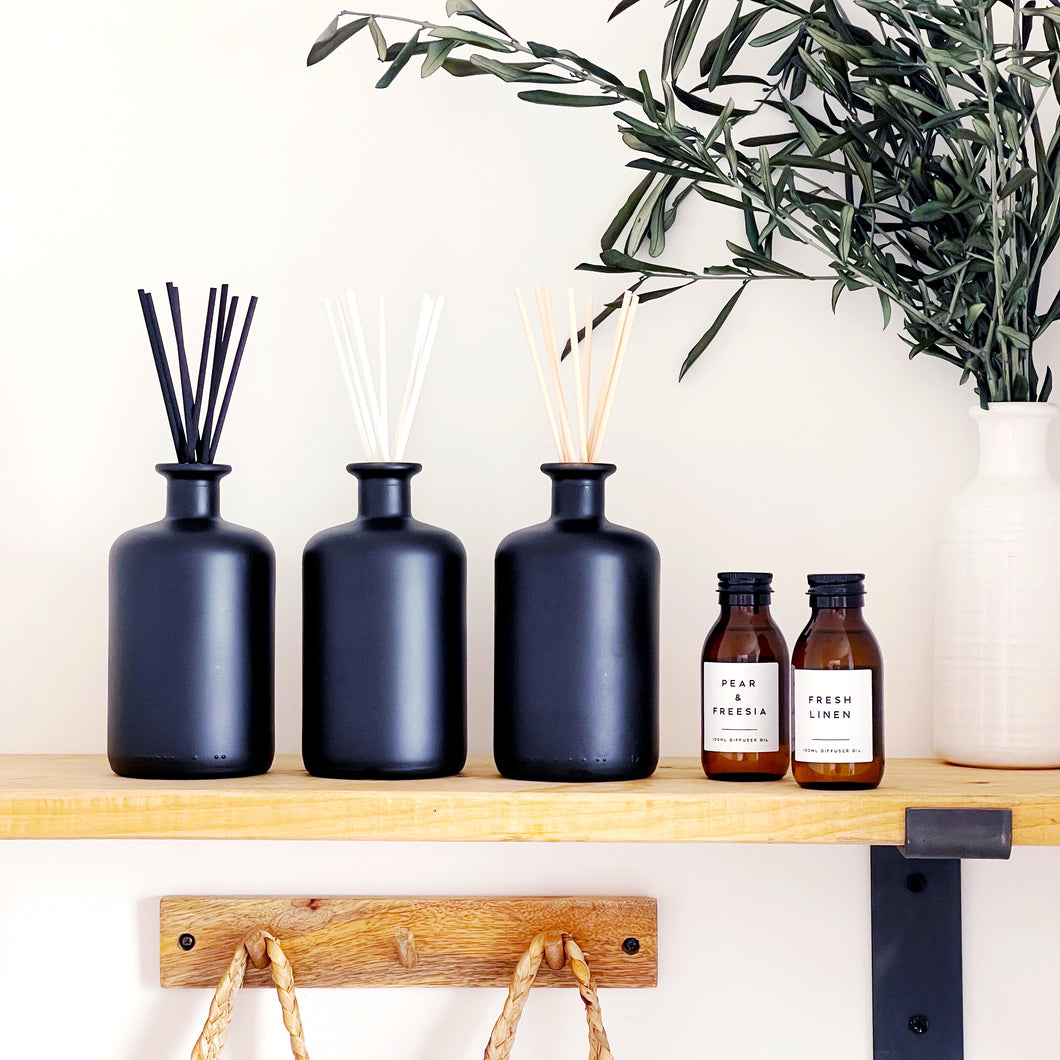 Large Matt Black Glass Diffuser Bottle And Reeds