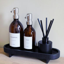 Load image into Gallery viewer, Amber Dispenser Bottle With White Personalised Label And Silver Metal Pump
