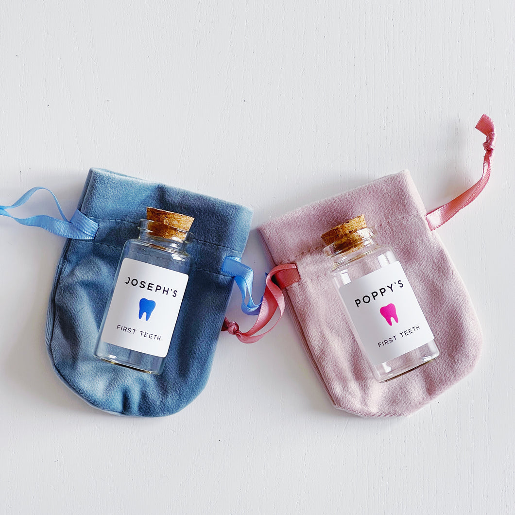 First Tooth Bottle - Personalised Label - Pink Or Blue Velvet Pouch