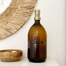 Load image into Gallery viewer, Amber Dispenser Bottle With Stamped Personalised Label And Light Brushed Gold Metal Pump
