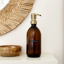 Load image into Gallery viewer, Amber Dispenser Bottle With Stamped Personalised Label And Light Brushed Gold Metal Pump
