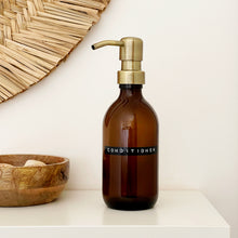 Load image into Gallery viewer, Amber Dispenser Bottle With Stamped Personalised Label And Light Brushed Gold Metal Pump
