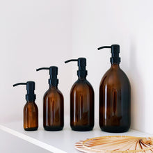 Load image into Gallery viewer, Amber Dispenser Bottle With Stamped Personalised Label And Black Metal Pump
