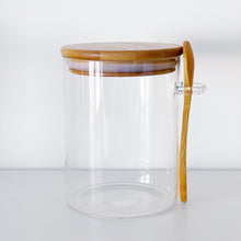 Load image into Gallery viewer, Glass Storage Jar With White Waterproof Personalised Label, Natural Bamboo Lid And Spoon
