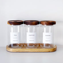 Load image into Gallery viewer, Tea, Coffee, Sugar Jars - Set Of 3 - Optional Wooden Tray
