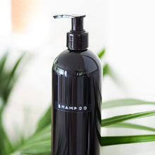 Load image into Gallery viewer, Black Plastic Dispenser Bottle With Stamped Personalised Label And Plastic Pump
