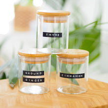 Load image into Gallery viewer, Glass Spice Jar With Stamped Personalised Label And Bamboo Lid
