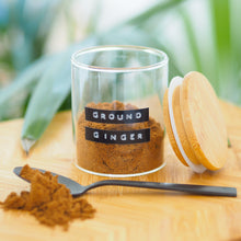 Load image into Gallery viewer, Glass Spice Jar With Stamped Personalised Label And Bamboo Lid
