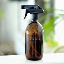 Load image into Gallery viewer, Amber Bottle With Stamped Personalised Label And Black Trigger Spray
