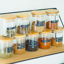 Load image into Gallery viewer, Glass Spice Jar With Stamped Personalised Label And Bamboo Lid
