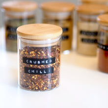 Load image into Gallery viewer, Glass Spice Jar With Stamped Personalised Label And Bamboo Lid
