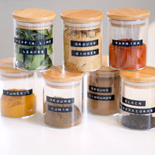 Load image into Gallery viewer, Glass Spice Jar With Stamped Personalised Label And Bamboo Lid
