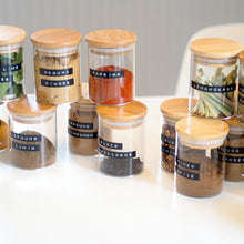 Load image into Gallery viewer, Glass Spice Jar With Stamped Personalised Label And Bamboo Lid
