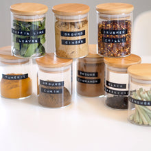 Load image into Gallery viewer, Glass Spice Jar With Stamped Personalised Label And Bamboo Lid
