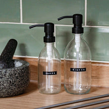 Load image into Gallery viewer, Clear Dispenser Bottle With Stamped Personalised Label &amp; Metal Pump
