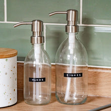 Load image into Gallery viewer, Clear Dispenser Bottle With Stamped Personalised Label &amp; Metal Pump
