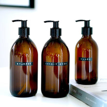 Load image into Gallery viewer, Amber Dispenser Bottle With Stamped Personalised Label And Plastic Pump
