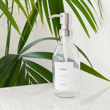 Load image into Gallery viewer, Clear Glass Dispenser Bottle With White Personalised Label And Metal Pump
