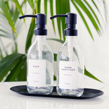 Load image into Gallery viewer, Clear Glass Dispenser Bottle With White Personalised Label And Metal Pump
