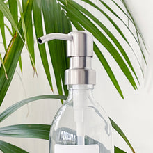 Load image into Gallery viewer, Clear Glass Dispenser Bottle With White Personalised Label And Metal Pump
