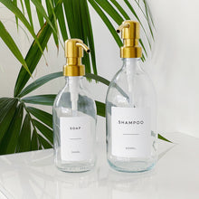 Load image into Gallery viewer, Clear Glass Dispenser Bottle With White Personalised Label And Metal Pump
