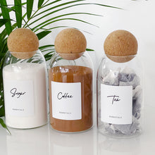 Load image into Gallery viewer, Cork Ball Glass Jar With White Personalised Script Label
