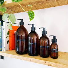 Load image into Gallery viewer, Amber Dispenser Bottle With Stamped Personalised Label And Plastic Pump
