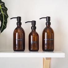 Load image into Gallery viewer, Amber Dispenser Bottle With Stamped Personalised Label And Black Metal Pump
