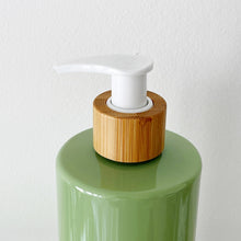 Load image into Gallery viewer, Sage Green Plastic Dispenser Bottle With White Personalised Label And Bamboo Pump
