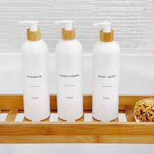 Load image into Gallery viewer, White Plastic Dispenser Bottle With White Personalised Label And Bamboo Pump
