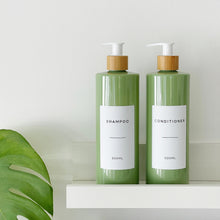 Load image into Gallery viewer, Sage Green Plastic Dispenser Bottle With White Personalised Label And Bamboo Pump
