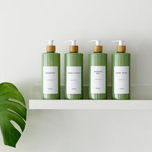 Load image into Gallery viewer, Sage Green Plastic Dispenser Bottle With White Personalised Label And Bamboo Pump
