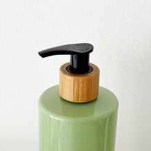 Load image into Gallery viewer, Sage Green Plastic Dispenser Bottle With White Personalised Label And Bamboo Pump
