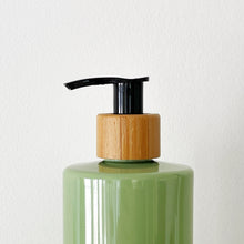 Load image into Gallery viewer, Sage Green Plastic Dispenser Bottle With White Personalised Label And Bamboo Pump
