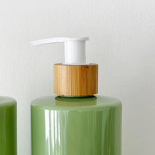 Load image into Gallery viewer, Sage Green Plastic Dispenser Bottle With White Personalised Label And Bamboo Pump
