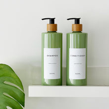 Load image into Gallery viewer, Sage Green Plastic Dispenser Bottle With White Personalised Label And Bamboo Pump
