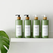 Load image into Gallery viewer, Sage Green Plastic Dispenser Bottle With White Personalised Label And Bamboo Pump
