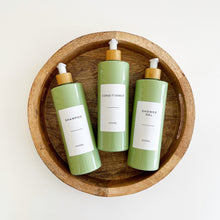 Load image into Gallery viewer, Sage Green Plastic Dispenser Bottle With White Personalised Label And Bamboo Pump
