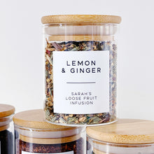 Load image into Gallery viewer, Loose Leaf Tea Storage Jar With White Personalised Label And Airtight Bamboo Lid
